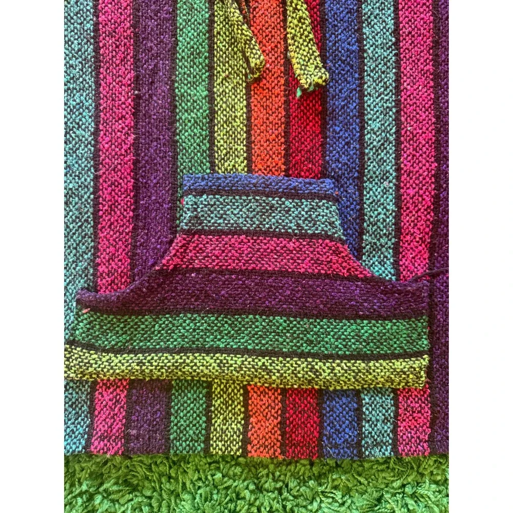Vintage Style Rainbow‎ Striped Woven Baja Hoodie Drug Rug Pullover Multicolor